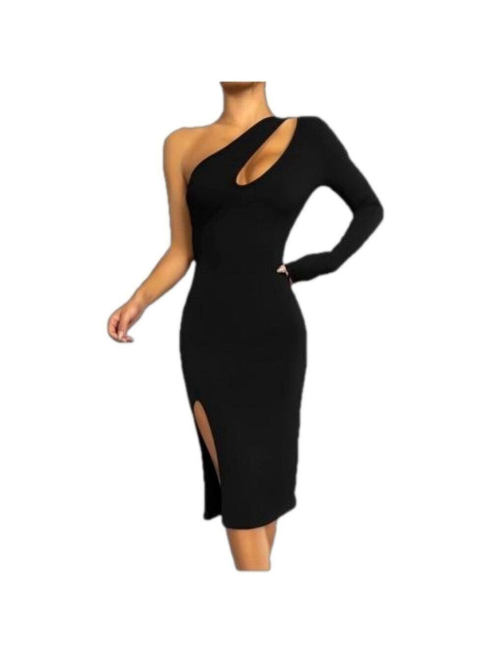 NWT. Nathalie Cut Out One Shoulder Midi Black Dress Size Large - Picture 2 of 14